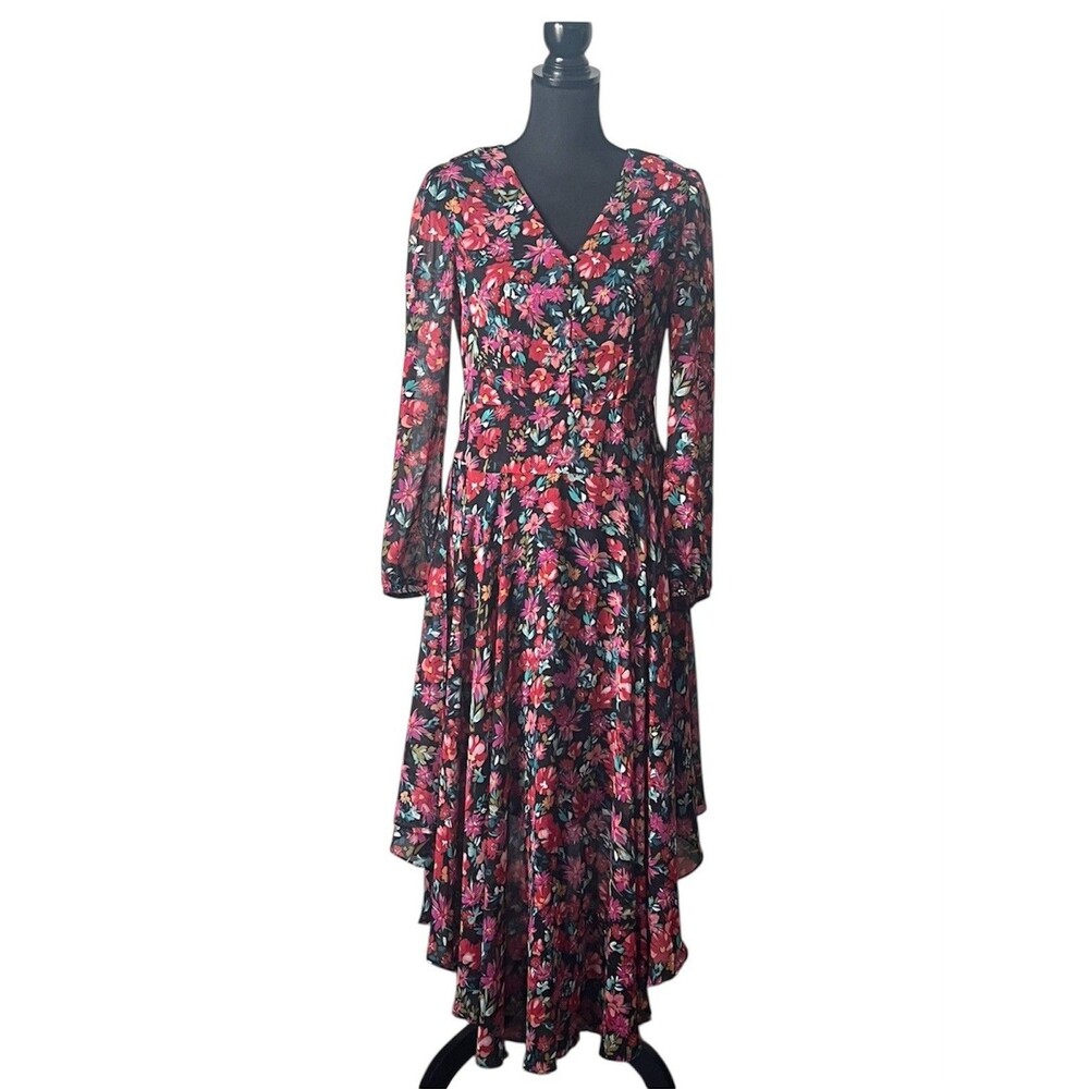 MSK‎ Womens Floral Fit & Flare Long Sleeve Lined Midi Dress Small
